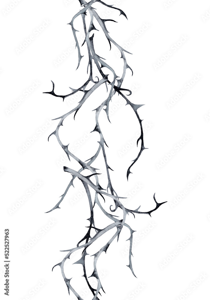 Halloween vertical seamless border of black thorn branches. Watercolor hand painted isolated illustration on white background.