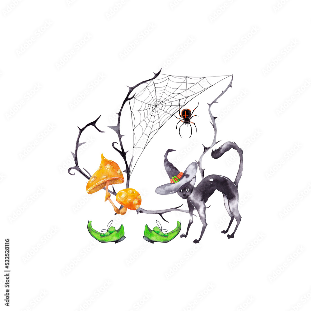 Obraz premium Halloween illustration of black cat with wizard hat and shoes near thorn branches with web and spider. Watercolor hand painted isolated illustration on white background.