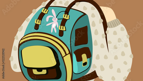 Vector isolated illustration of backpack on the back of pupil. With trinket in a shape of hare. Education concept.