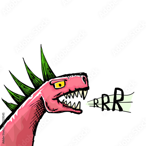 Vector hand drawn cartoon roaring dino head isolated on white background. Pink Dino punk rock star character with green Iroquois.