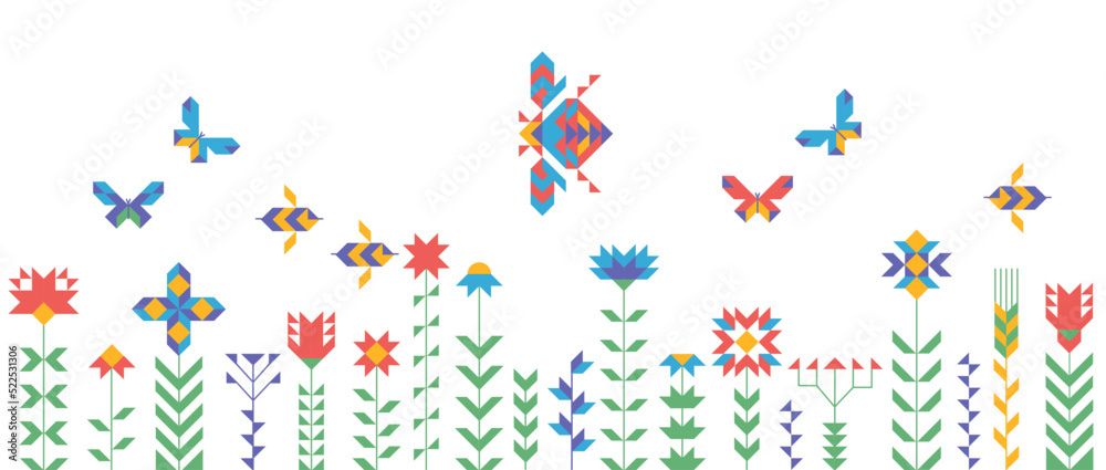 Geometric field of flowers and butterflies. Horizontal banner with floral on white background. Blooming flowers, leaves and insect border. Spring or summer botanical sketch, flat vector illustration