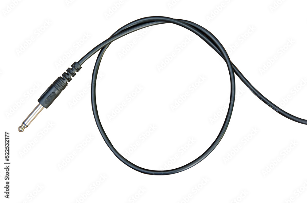 Guitar audio jack with black cable isolated on white background with clipping path Guitar audio jack with black cable isolated on white background with clipping path