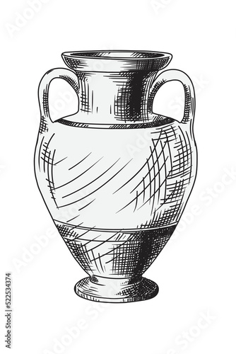 Ancient Greek clay vase, line drawing isolated on white background.