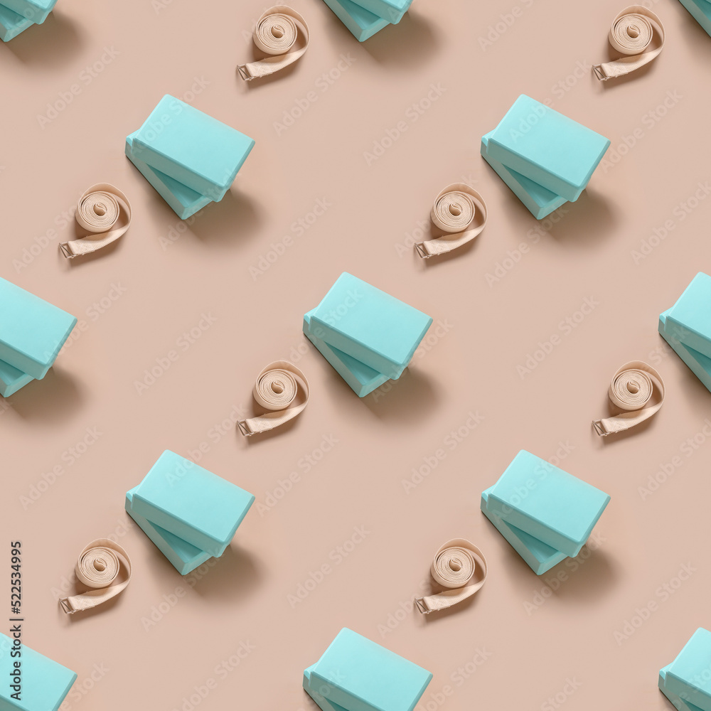 Seamless pattern of green yoga blocks and white belt on beige background. Yoga practice, relaxation and meditation concept. Seamless pattern of green yoga blocks and white belt on beige background. Yoga practice, relaxation and meditation concept.