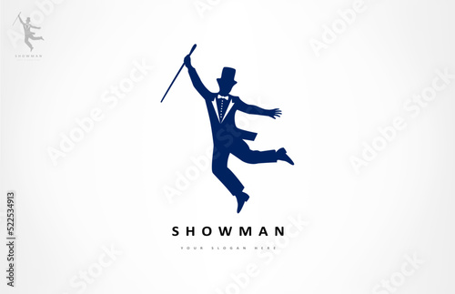 Showman jumping with cane logo vector