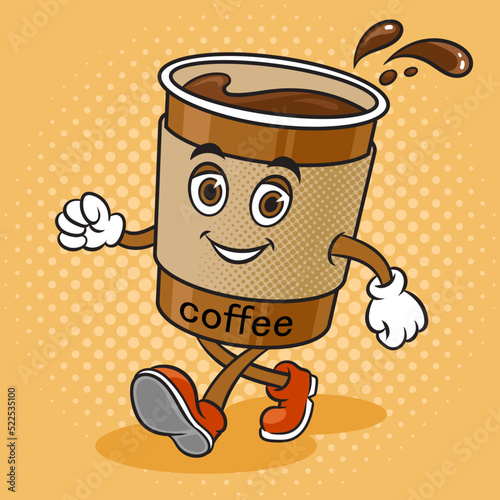 Cartoon walking coffee cup pop art retro vector illustration. Comic book style imitation.