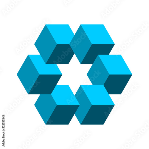 Impossible shape made of cubes with a star in the middle. Sacred geometry. Blue 3D cubes make complex polygon. Isometric logo concept. Optical illusion. Visual effect. Vector illustration, clip art. 