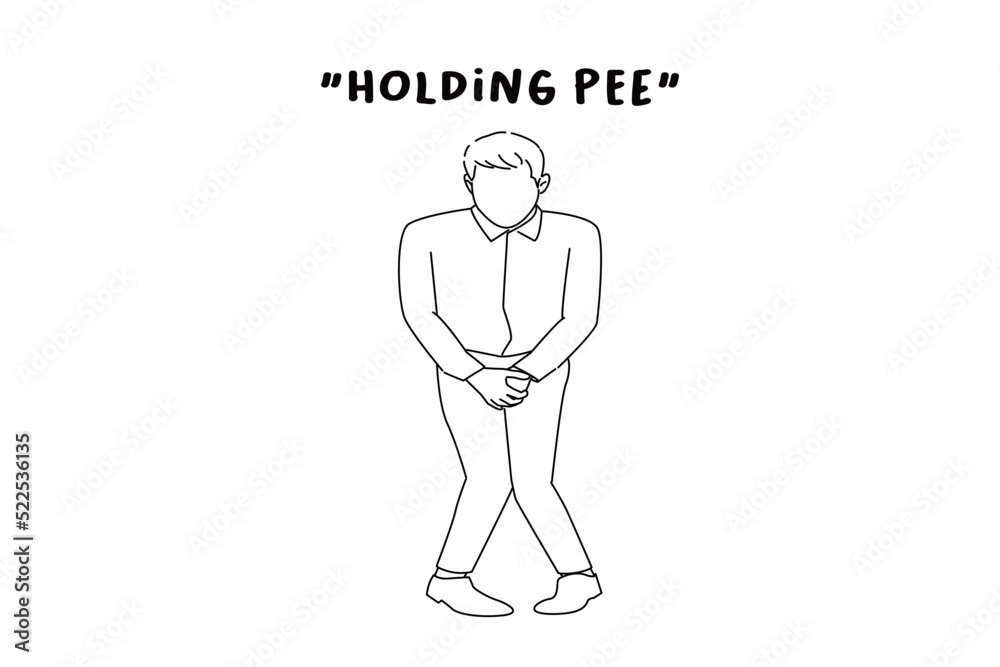 Cartoon of businessman holds hands the groin area and trousers wet from urine. Outline drawing style art Cartoon of businessman holds hands the groin area and trousers wet from urine. Outline drawing style art
