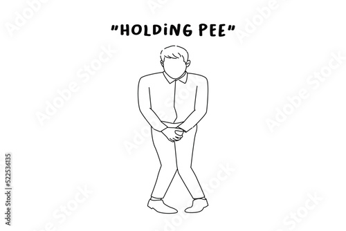 Cartoon of businessman holds hands the groin area and trousers wet from urine. Outline drawing style art