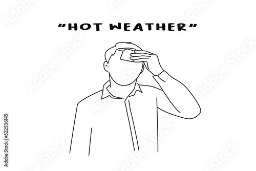 Illustration of business man with sweat stain on his shirt suffering from hot weather. line art style