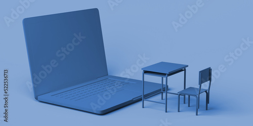 Online school. Laptop in front of class desks. 3d illustration.