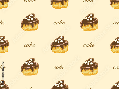 Cake cartoon character seamless pattern on yellow background. Pixel style
