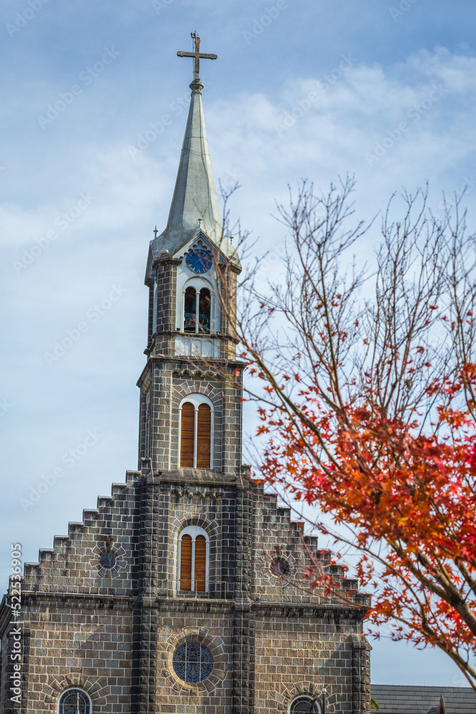 Gramado stone church at golden autumn, Gramado, Southern Brazil