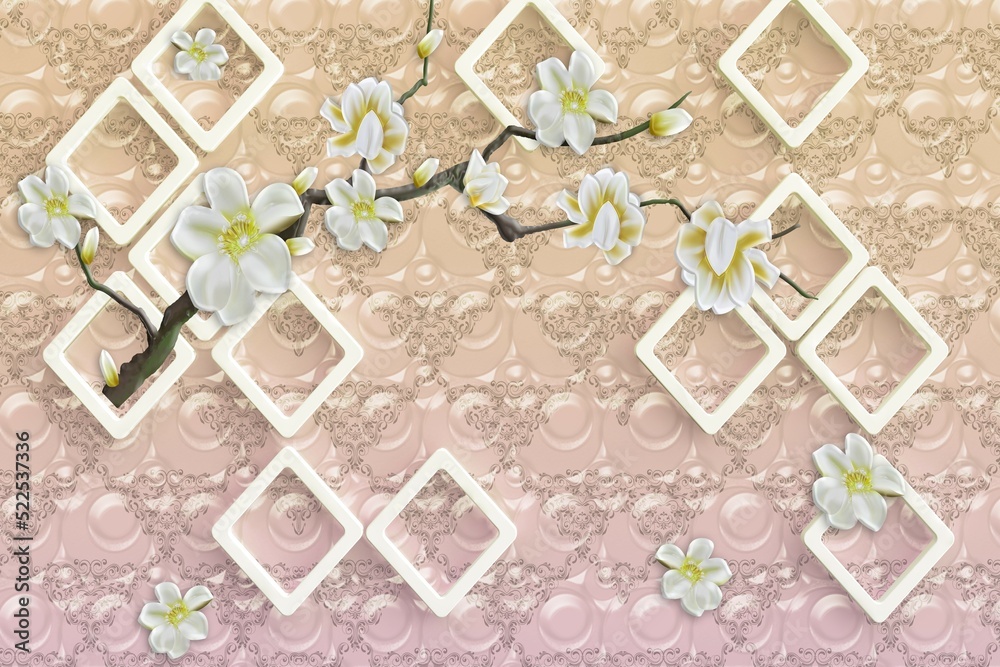 Beautiful white flowers on branch and blocks with seamless vectors ...