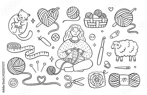 Crochet doodle illustration of girl knitting clothes, cat playing with wool yarn ball, sheep, hook, skein. Hand drawn cute line art about handmade. Drawing for coloring photo