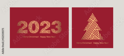 Set of modern Greeting cards. Happy New Year 2023. Christmas tree. Red background with golden elements. Vector.