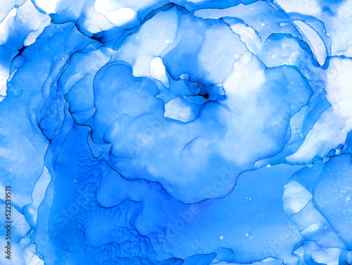 Abstract blue watercolor Alcohol Ink Flow Paint. Modern hand painted artwork of abstract transparent alcohol ink background. Art for design. Color marble background pattern of ombre alcohol ink