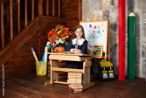 Portrait of a school girl on lesson in classroom. Back to school. A cute hardworking child is sitting at table in of chalkboard in school. Kid is studying in classroom against background of blackboard © stock_studio