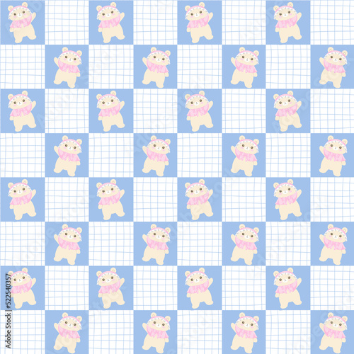 cute pink hood teddy bear with blue hand drawn grid seamless pattern.