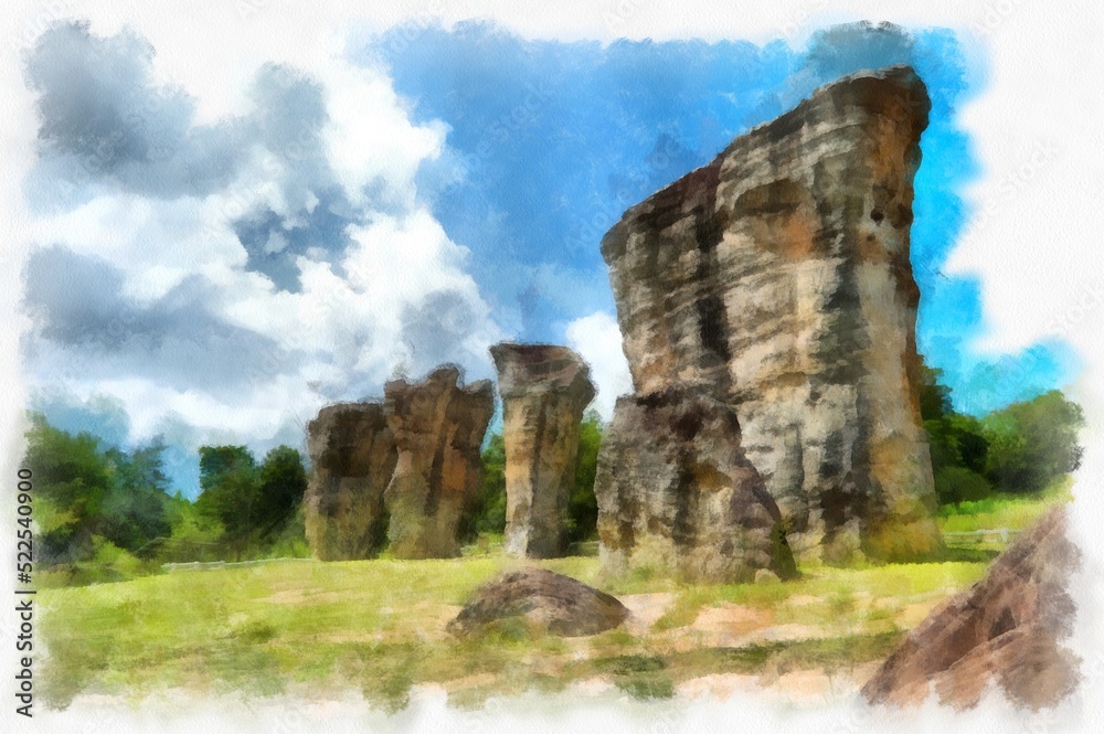 landscape of large natural stone blocks in nature watercolor style illustration impressionist painting.