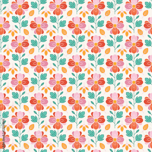 Retro floral pattern in pink and turquoise. Geometric flower vector illustration - 60s vintage seamless pattern for curtains or fun wallpaper and home decor
