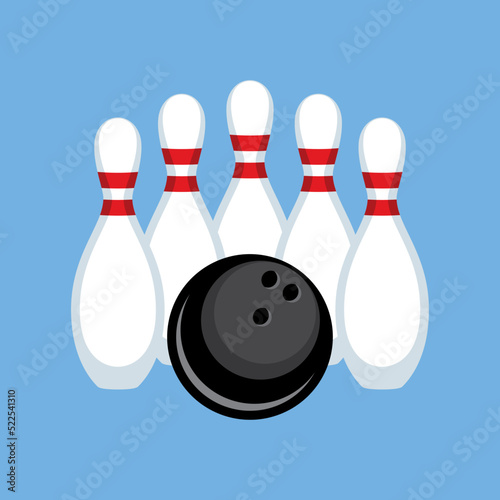 White bowling pins and a black ball icon vector. Five bowling pins and ball icon isolated on a blue background. Bowling skittles drawing
