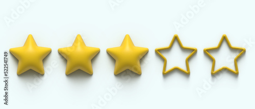 Three gold stars from five. Five 5 star rank sign. Ranking system. 3d ranger glossy golden stars sticker icon rating isolated on background. Service rating, achievement, review symbol. Classification