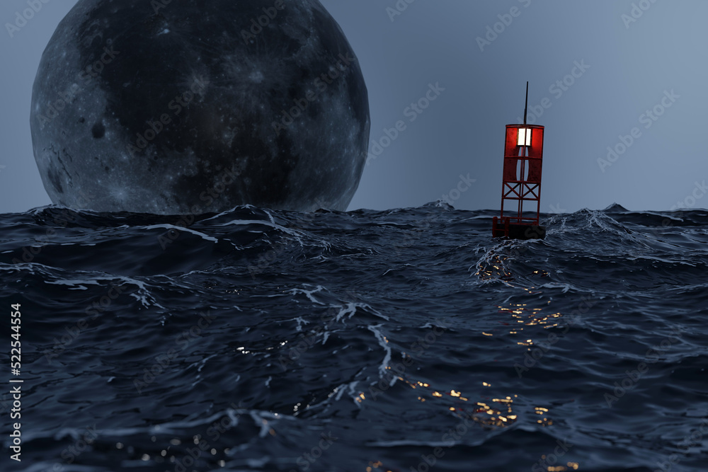 On a full moon night, floating lanterns in the middle of the sea. 3d - obrazy, fototapety, plakaty 