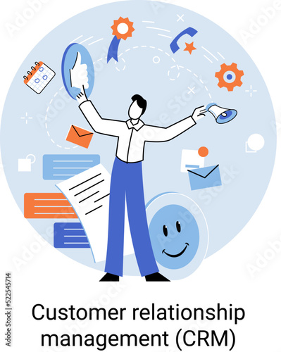 CRM metaphor. Customer Relationship Management. Application software for organizations automatisation of customer interaction strategies to increase sales, optimize marketing, improve customer service