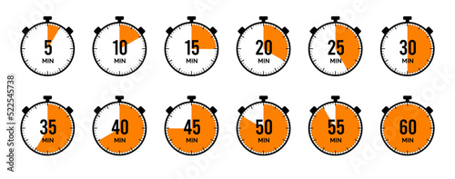 Clocks icon collection design. Countdown 5, 10, 15, 20, 25, 30, 35, 40, 45, 50, 55, 60 minutes. Timer, clock, stopwatch. © KING GOD