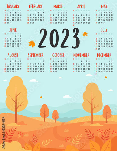 Calendar for 2023 with beautiful autumn nature landscape, yellow trees with autumn leaves. Vector illustration. Vertical calendar template for 12 months in English. week starts on Sunday. Stationery.