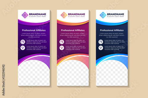 roll up banners template design with headline is professional affiliate. space of photo and text. Advertising banner with vertica layout. multicolor gradient colors element in colorful background