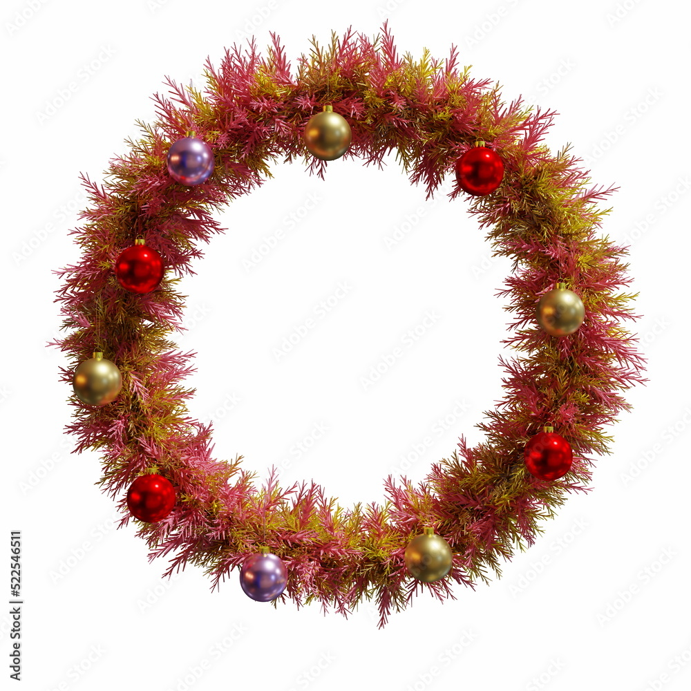 round beautiful Christmas wreath made of coniferous, golden and pink twigs, Christmas balls toys, isolated white, 3d illustration - obrazy, fototapety, plakaty 