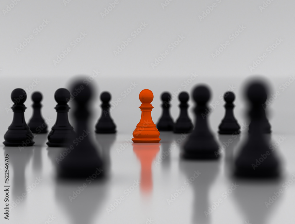 An orange chess piece standing in the middle of another black chess piece, 3d illustration An orange chess piece standing in the middle of another black chess piece, 3d illustration