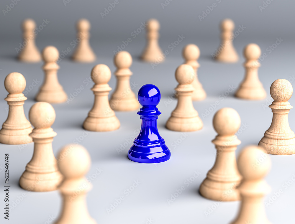 An blue chess pawn standing in the middle wooden chess pawn, 3d illustration An blue chess pawn standing in the middle wooden chess pawn, 3d illustration