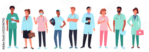 Doctors set vector illustration. Cartoon isolated professional hospital team with nurse character  surgeon and physician with stethoscope  optometrist and ambulance staff  workers of medical service