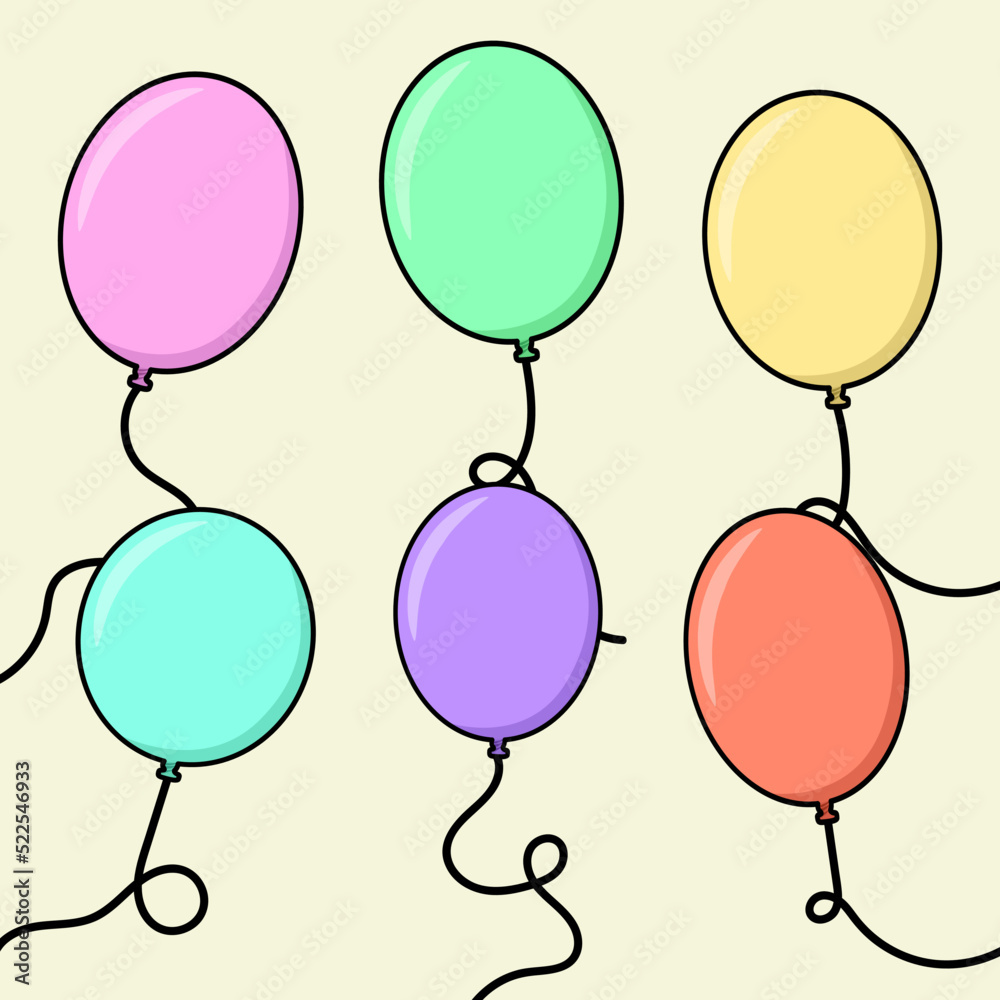 soft pastel color of flying floating balloons set flat simple illustration