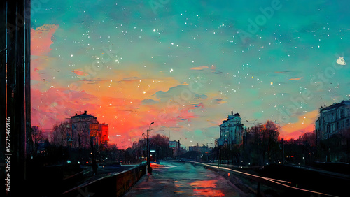 City of love, abstract, anime, manga, digital art painting of a city at dawn, dusk. Red colored illustration with moon and stars and clouds. Europeans buildings, 4k wallpaper. Romantic feeling.