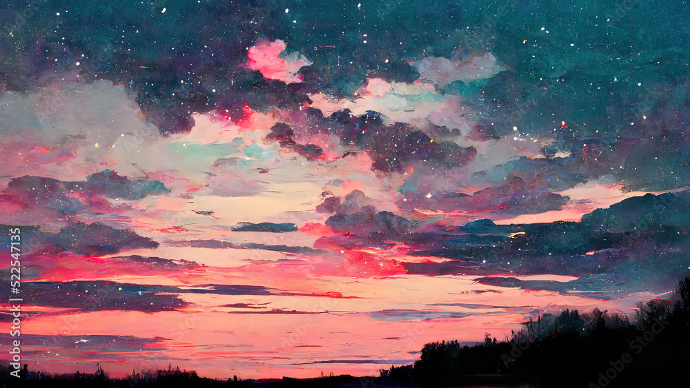 Red sunset landscape, anime, manga, digital art drawing. Romantic painting  of a landscape with clouds and stars. Abstract 4k digital image of moody  sad, lovely landscape, janapese illustration style. Stock Illustration |