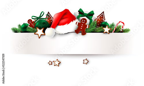 Christmas decoration with bend paper banner. Christmas gifts, cookies, gingerbread man, santa hat and fir twigs.