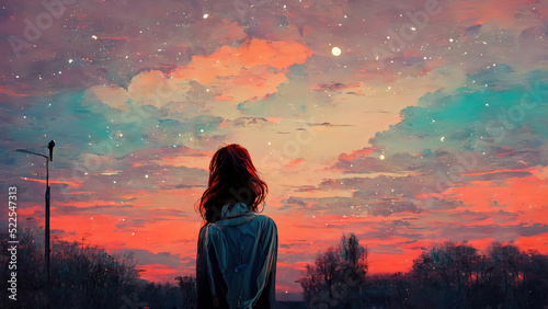 Girl in love looking in the distance. Anime, manga style painting, drawing. Red sunset, sunrise. Romantic sad, lofi feeling. Beautiful scenery. 4k moody wallpaper. Moon clouds and stars.