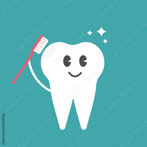 Cute clean tooth with toothbrush character White tooth vector illustration happy