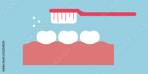 Clean Tooth with toothbrush and stars. Brushing teeth. Healthy tooth icon. Oral dental hygiene. Isolated on Blue background. Flat design.