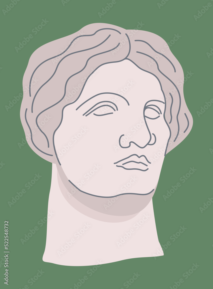 Vector illustration of female greek statue isolated on deep green background.