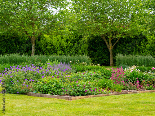 Flowerbeds and a green lawn in a summer garden