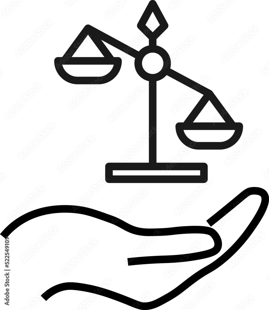 Support, present, charity signs. Monochrome symbol for web sites, stores, shops and other facilities. Editable stroke. Vector line icon of scales over outstretched hand Support, present, charity signs. Monochrome symbol for web sites, stores, shops and other facilities. Editable stroke. Vector line icon of scales over outstretched hand