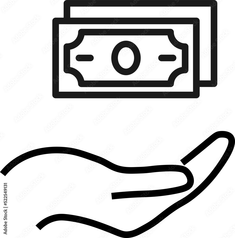 Support, present, charity signs. Monochrome symbol for web sites, stores, shops and other facilities. Editable stroke. Vector line icon of paper money over outstretched hand