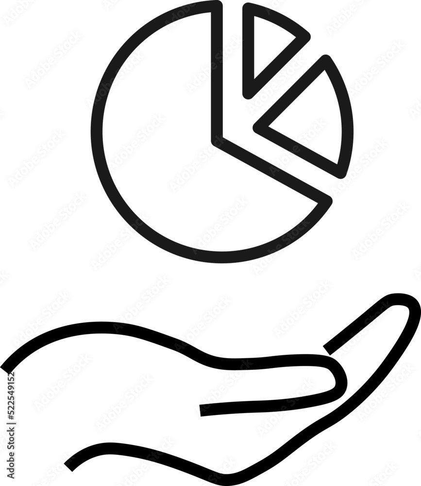 Support, present, charity signs. Monochrome symbol for web sites, stores, shops and other facilities. Editable stroke. Vector line icon of pie chart over outstretched hand Support, present, charity signs. Monochrome symbol for web sites, stores, shops and other facilities. Editable stroke. Vector line icon of pie chart over outstretched hand