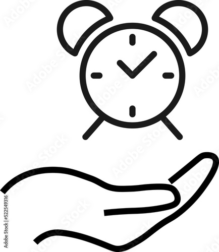 Gift, charity, support symbol. Vector sign drawn with black line. Monochrome image for adverts, banners, stores etc. Line icon of alarm clock over outstretched hand