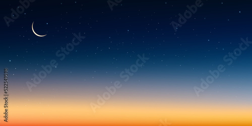 Islamic greeting Ramadan Kareem card design background with Crescent moon on colourful sunset sky background,Vector religions symbolic of Muslim for Ramadan Kareem,Eid Mubarak, Eid al adha.Eid al fitr